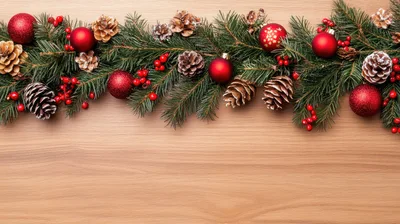Christmas Garland Border With Red Ornaments And Pinecones