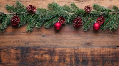Christmas Pine Garland With Red Ornaments On Wooden Background