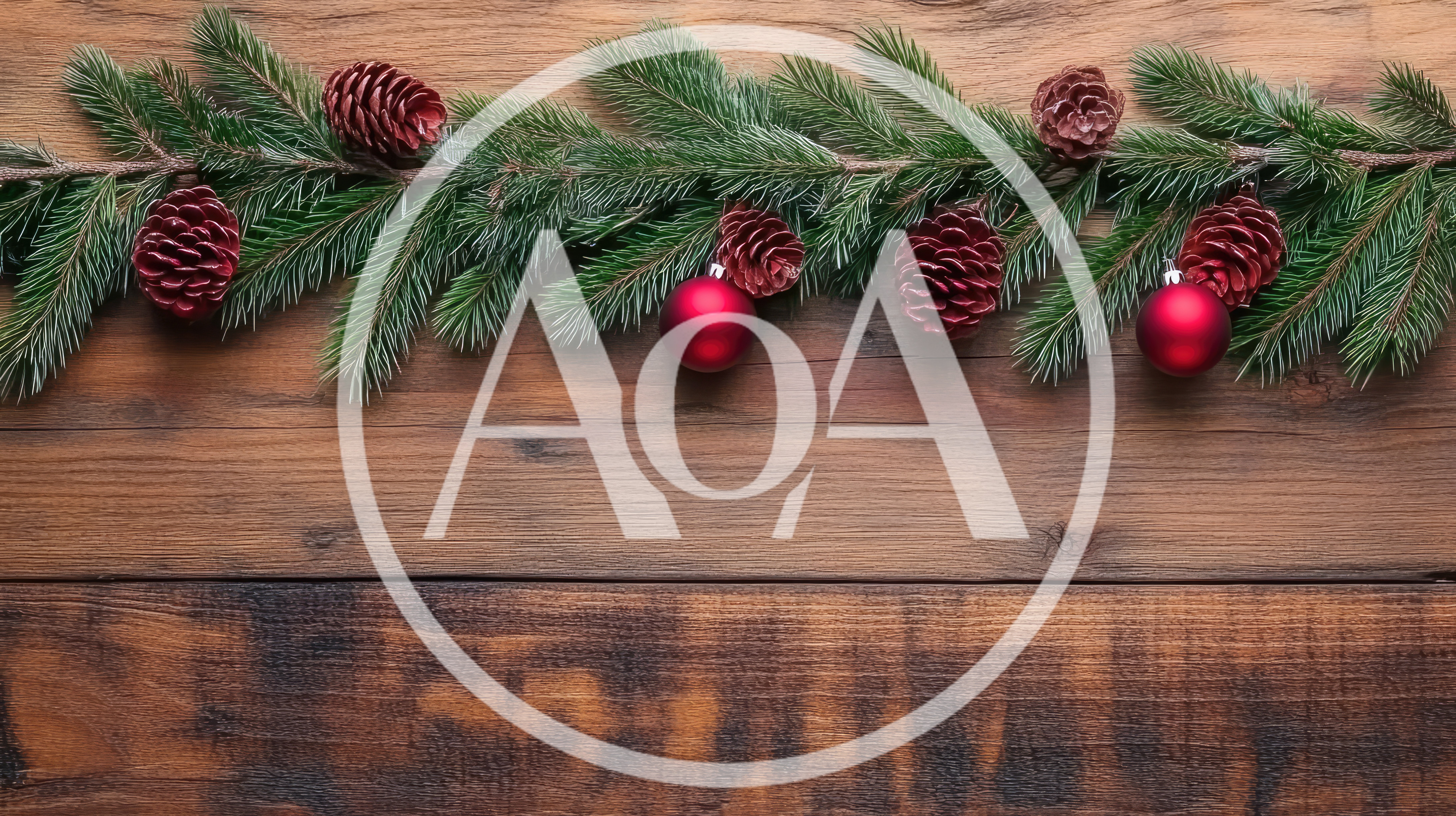 Christmas Pine Garland With Red Ornaments On Wooden Background