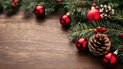 Christmas Decorations With Red Ornaments And Pinecones
