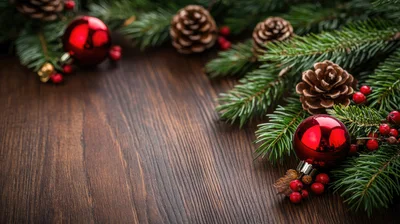 Christmas Decorations With Red Ornaments And Pine Cones
