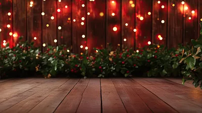 Rustic Wooden Floor With Christmas Lights And Greenery