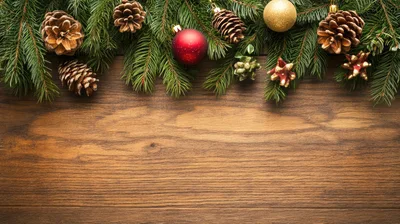 Christmas Pine Branches With Ornaments On Wooden Background