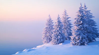Snow Covered Pine Trees At Sunrise
