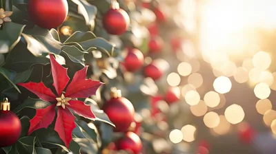Christmas Poinsettia and Red Ornaments on Festive Foliage