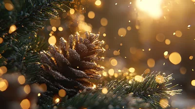 Glittering Pine Cone on Evergreen Branch