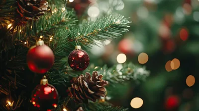 Red Christmas Ornaments Hanging On A Pine Tree