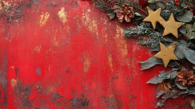 Christmas Holiday Background With Gold Stars And Pinecones