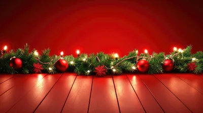Christmas Garland Decoration on Red Wooden Table