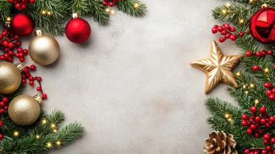 Christmas Holiday Background With Ornaments And Pine Branches