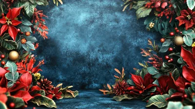 Christmas Poinsettia Floral Frame With Dark Blue Background