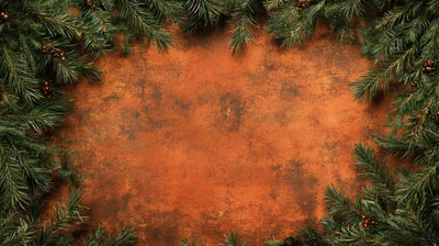 Christmas Pine Branch Border on Rustic Orange Background