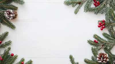 Christmas Pine Branch Frame on White Wood