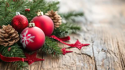 Christmas Ornaments and Pine Cones on Rustic Wood