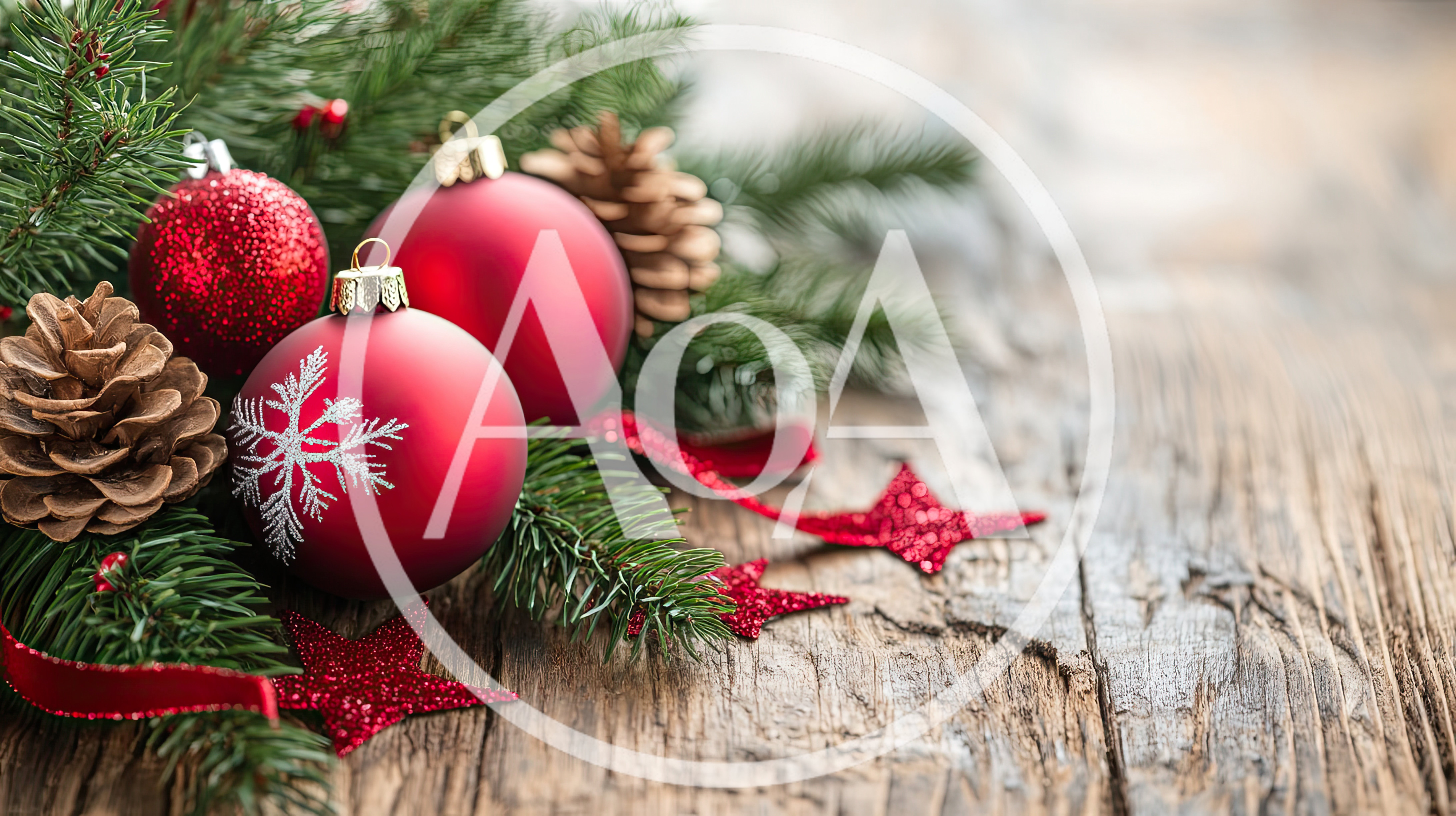 Christmas Ornaments and Pine Cones on Rustic Wood