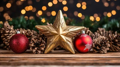 Christmas Decorations With Gold Star And Red Ornaments