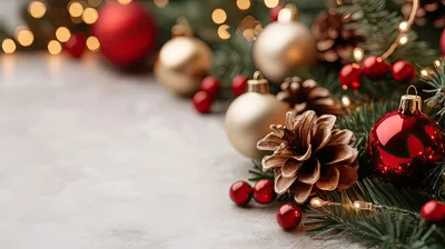 Christmas Ornaments and Pinecones on Festive Background