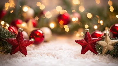 Christmas Ornaments With Red And Gold Stars On Snow