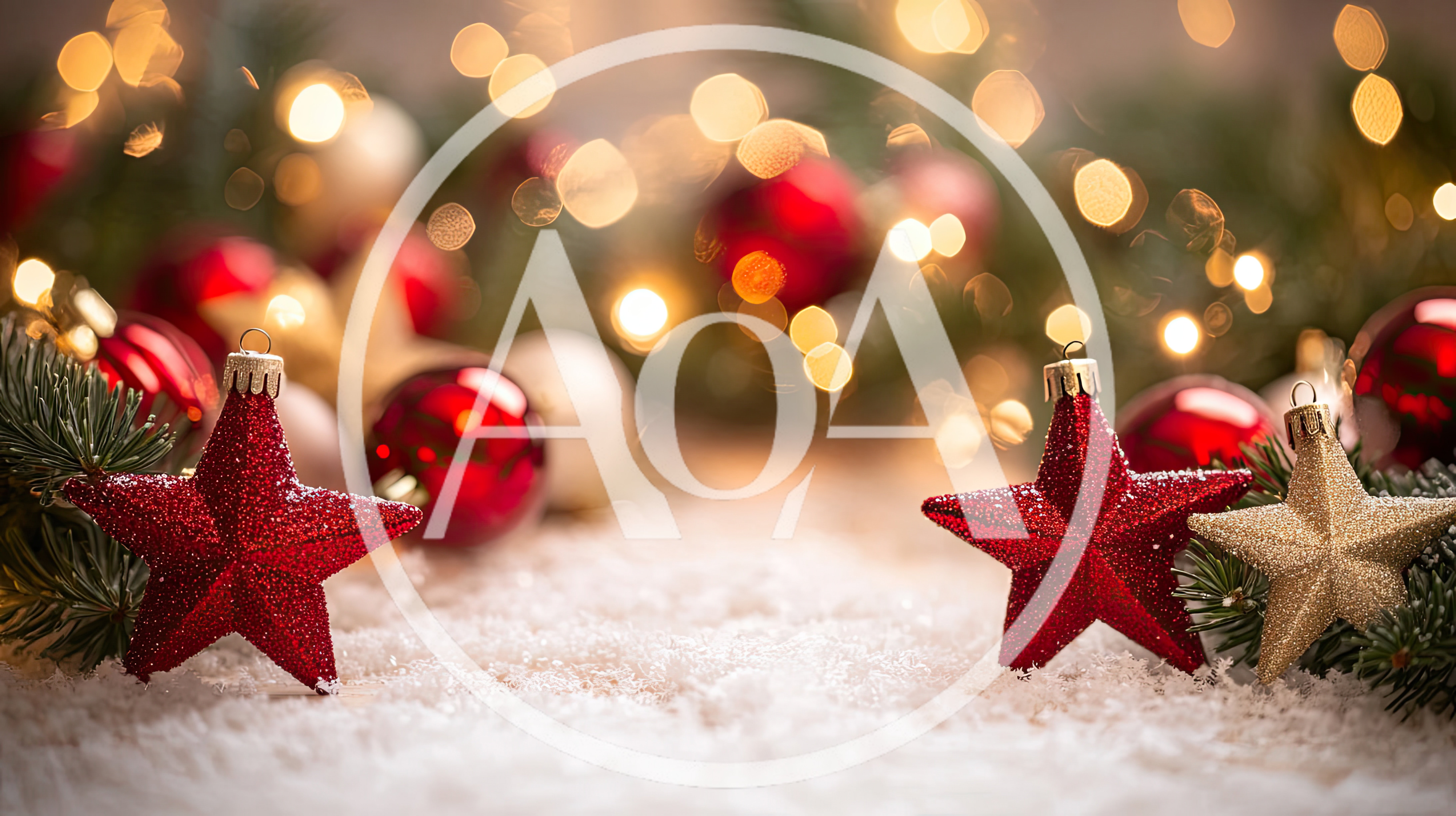 Christmas Ornaments With Red And Gold Stars On Snow