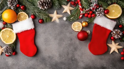 Christmas Stockings With Festive Decorations On Grey Background