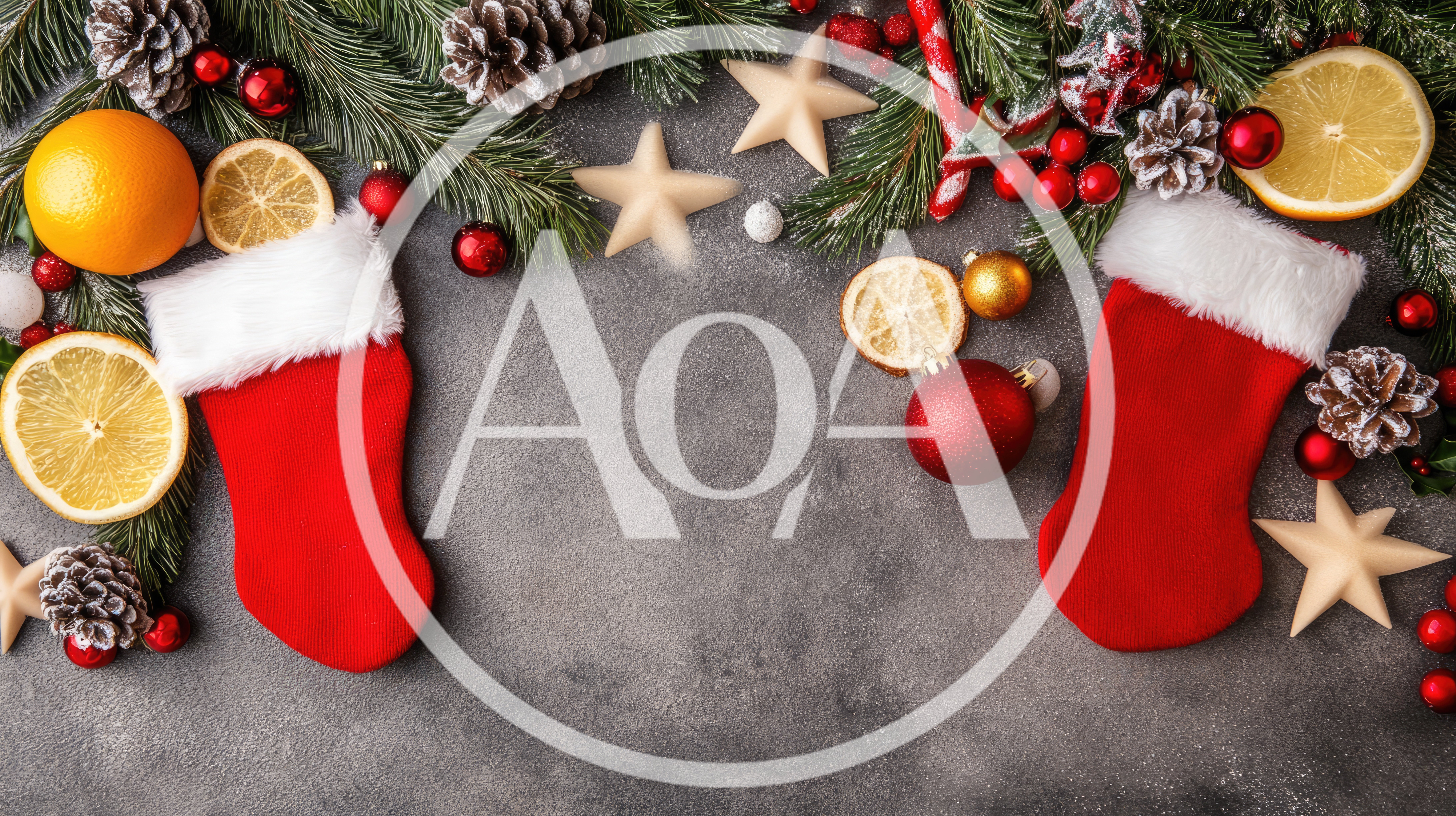 Christmas Stockings With Festive Decorations On Grey Background