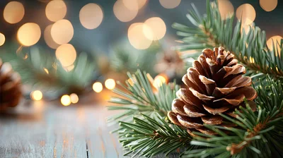 Pine Cone and Evergreen Branches on Wooden Table