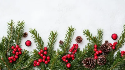 Christmas Pine Branches With Red Ornaments And Berries