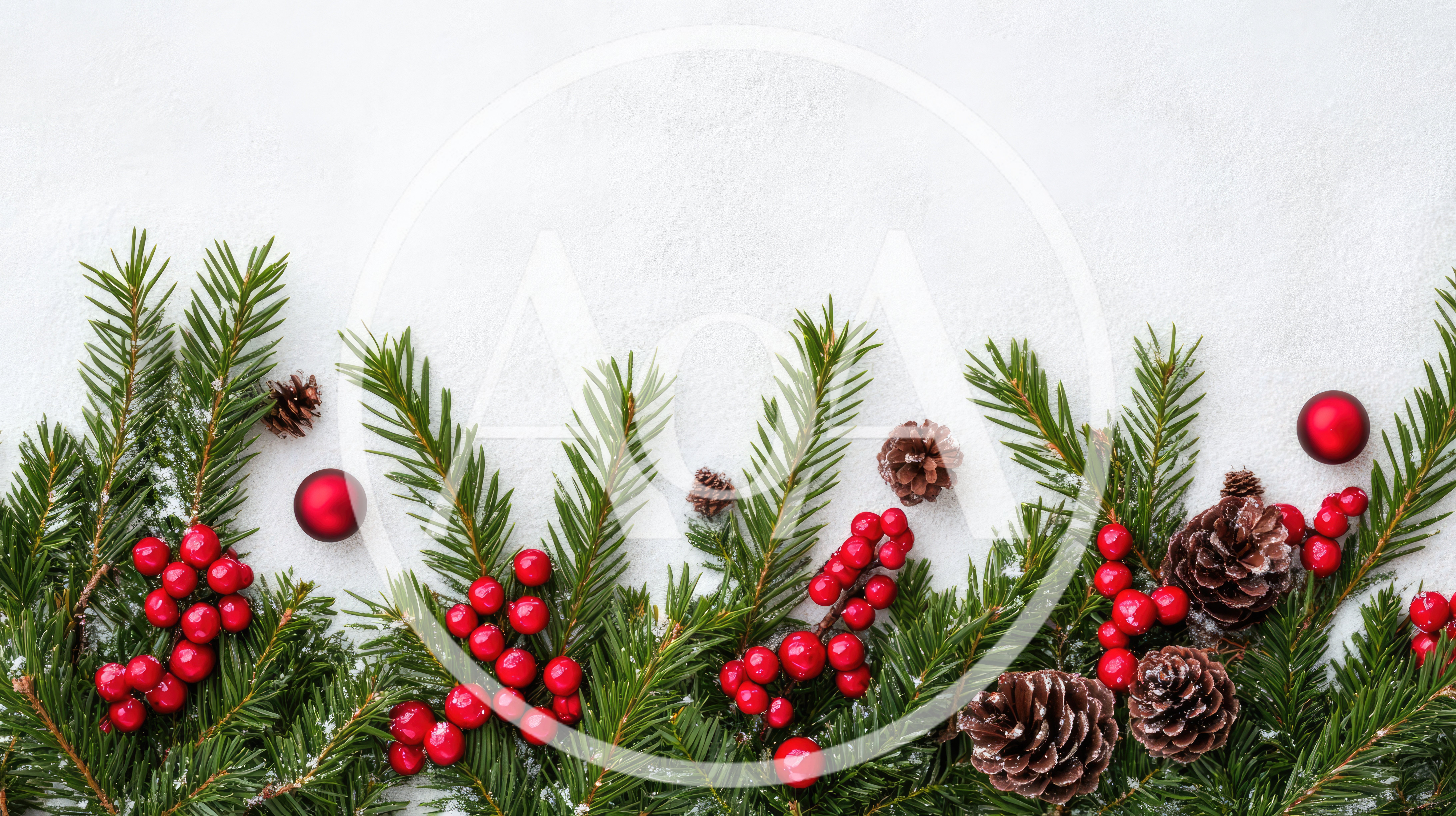 Christmas Pine Branches With Red Ornaments And Berries