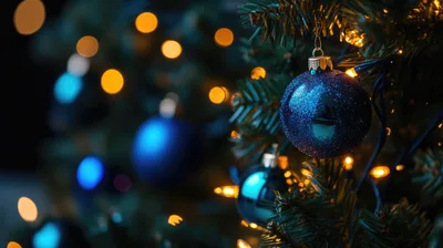 Blue Glitter Christmas Ornament Hanging On Tree