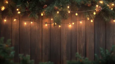 Christmas String Lights Hanging Over Rustic Wooden Background