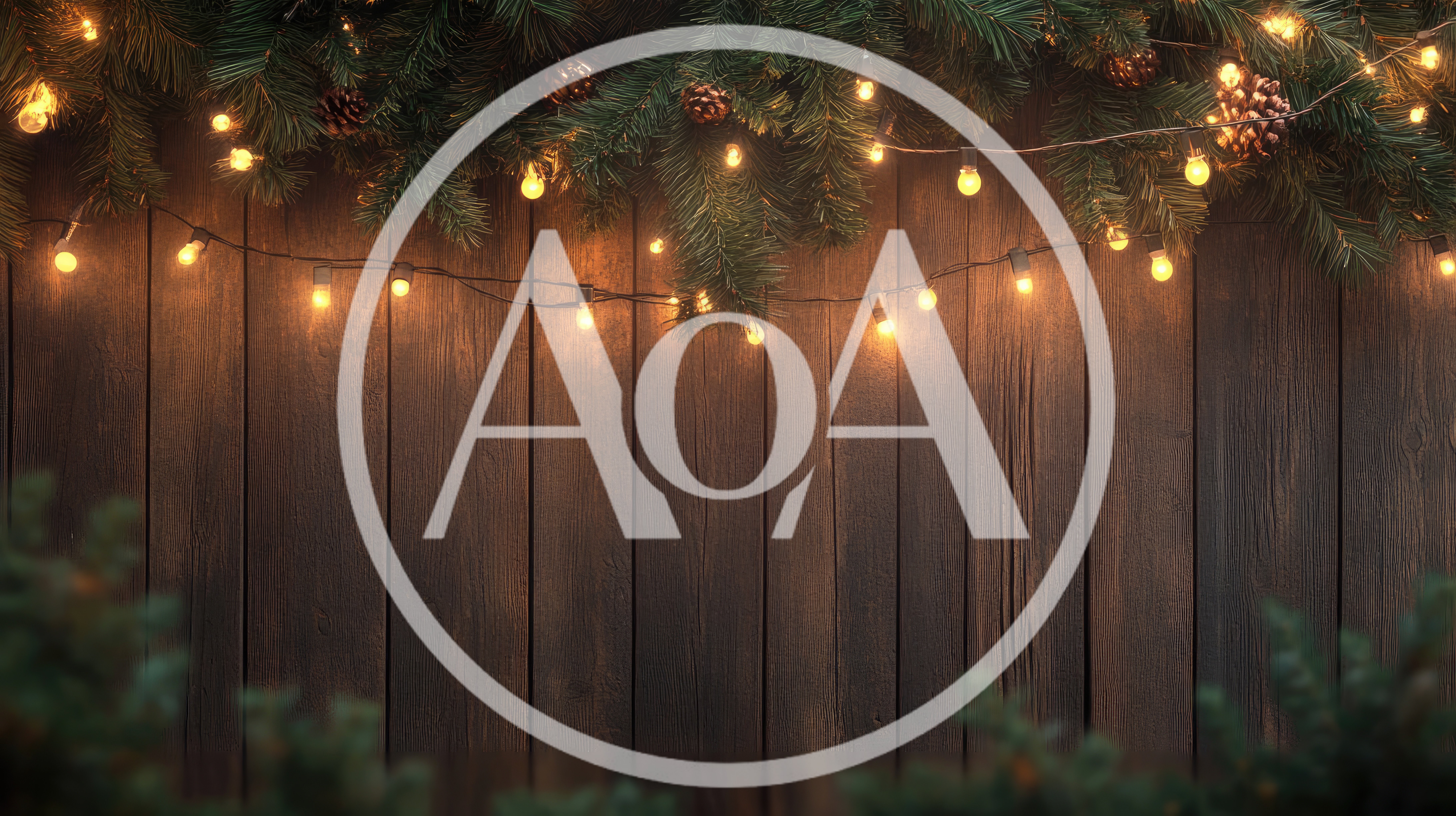 Christmas String Lights Hanging Over Rustic Wooden Background