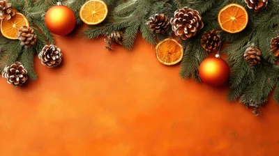 Christmas Pine Branches With Oranges And Ornaments