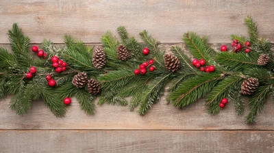 Christmas Pine Garland With Berries And Pinecones