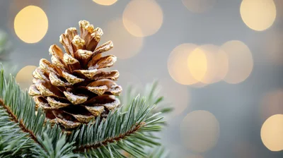 Golden Pine Cone On Fir Branch With Bokeh Lights