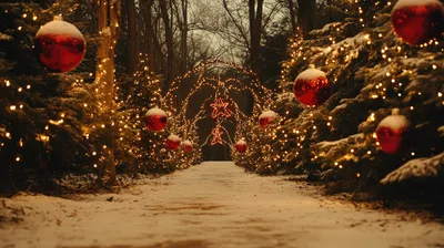 Festive Christmas Pathway Decorated With Ornaments And Lights