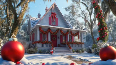 Cozy Christmas Decorated House In Snowy Landscape