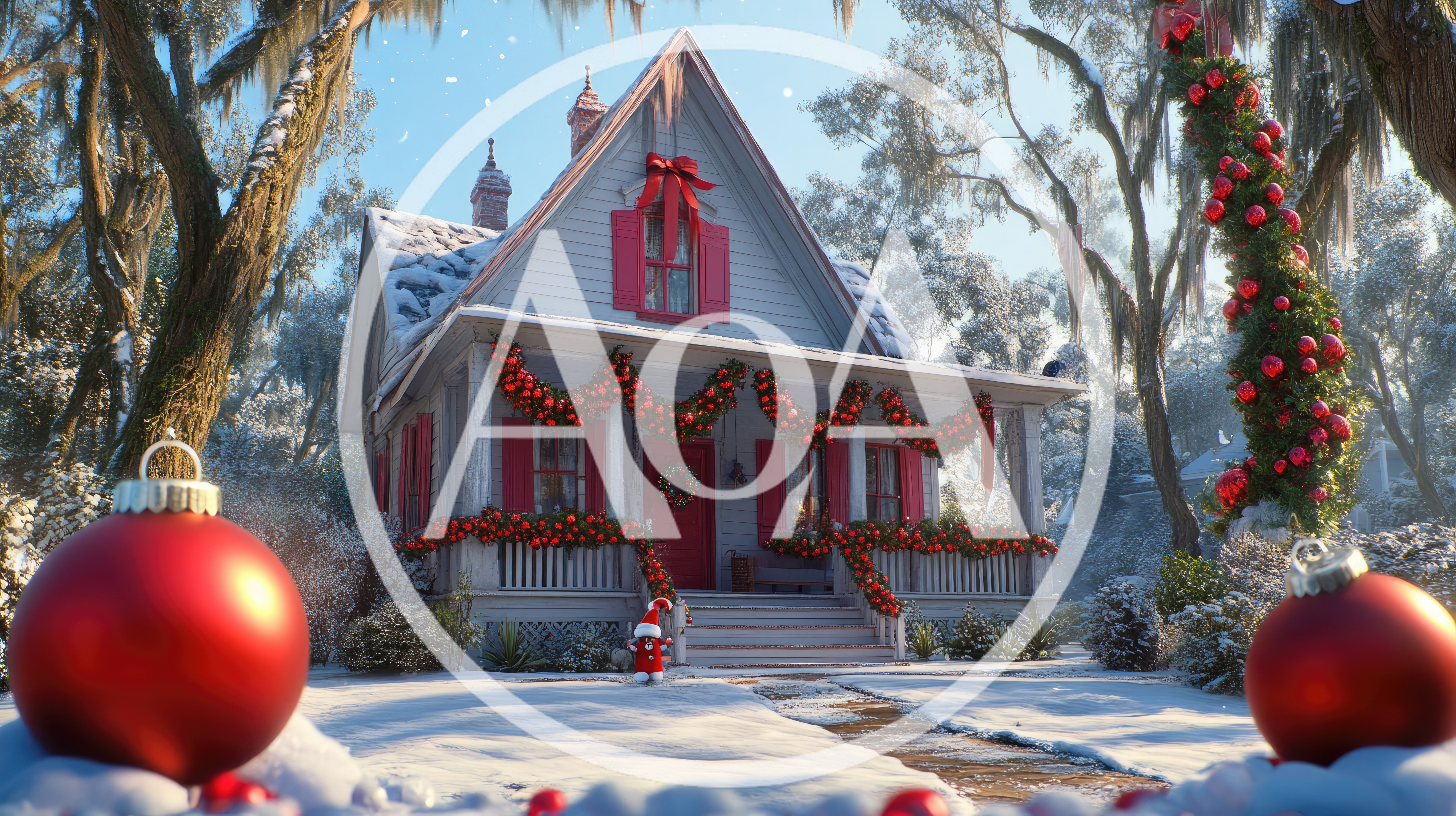Cozy Christmas Decorated House In Snowy Landscape