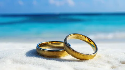 Two Gold Wedding Rings On Tropical Beach Sand