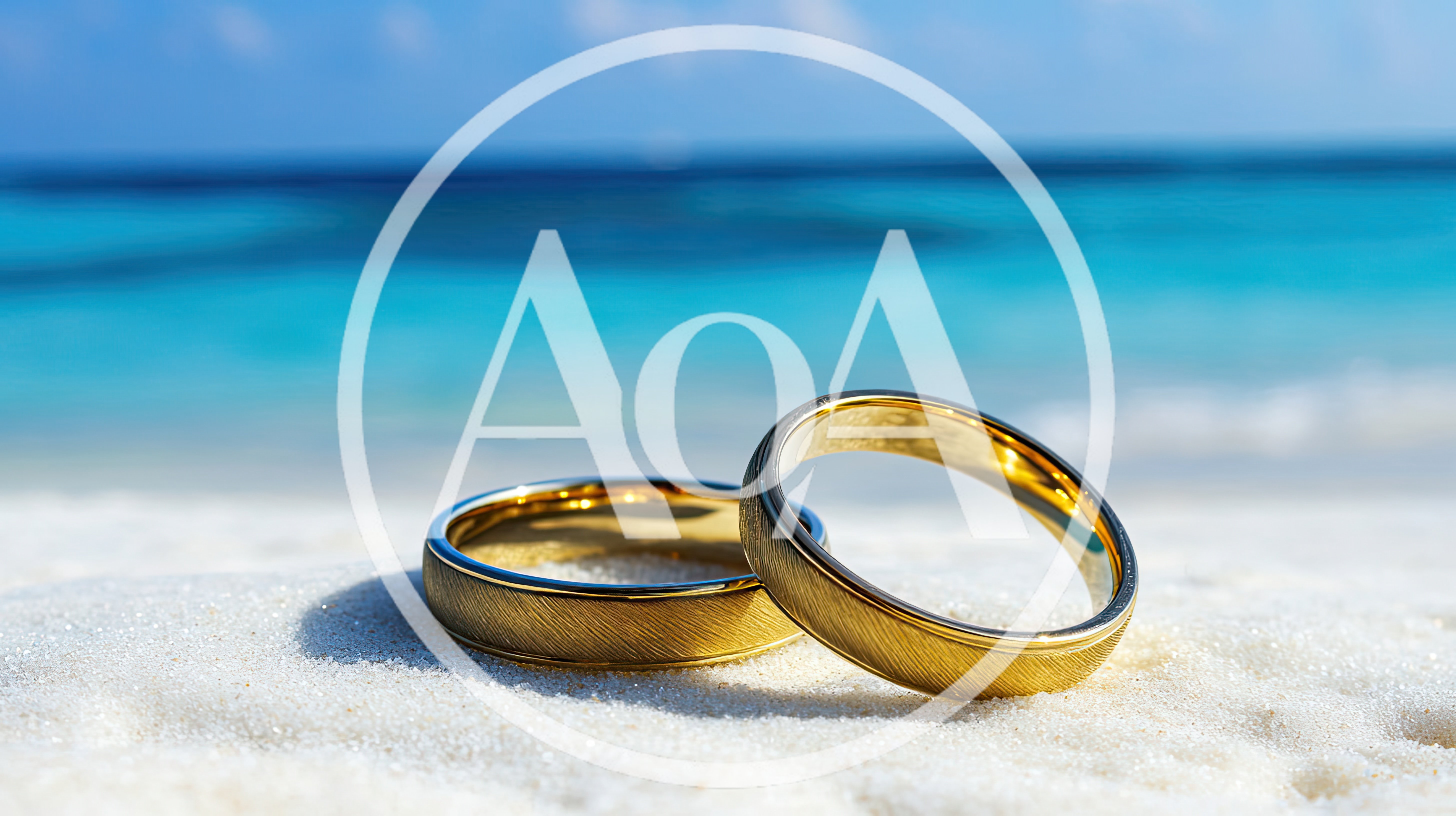 Two Gold Wedding Rings On Tropical Beach Sand