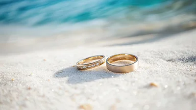 Two Gold Wedding Rings Resting On Sandy Beach