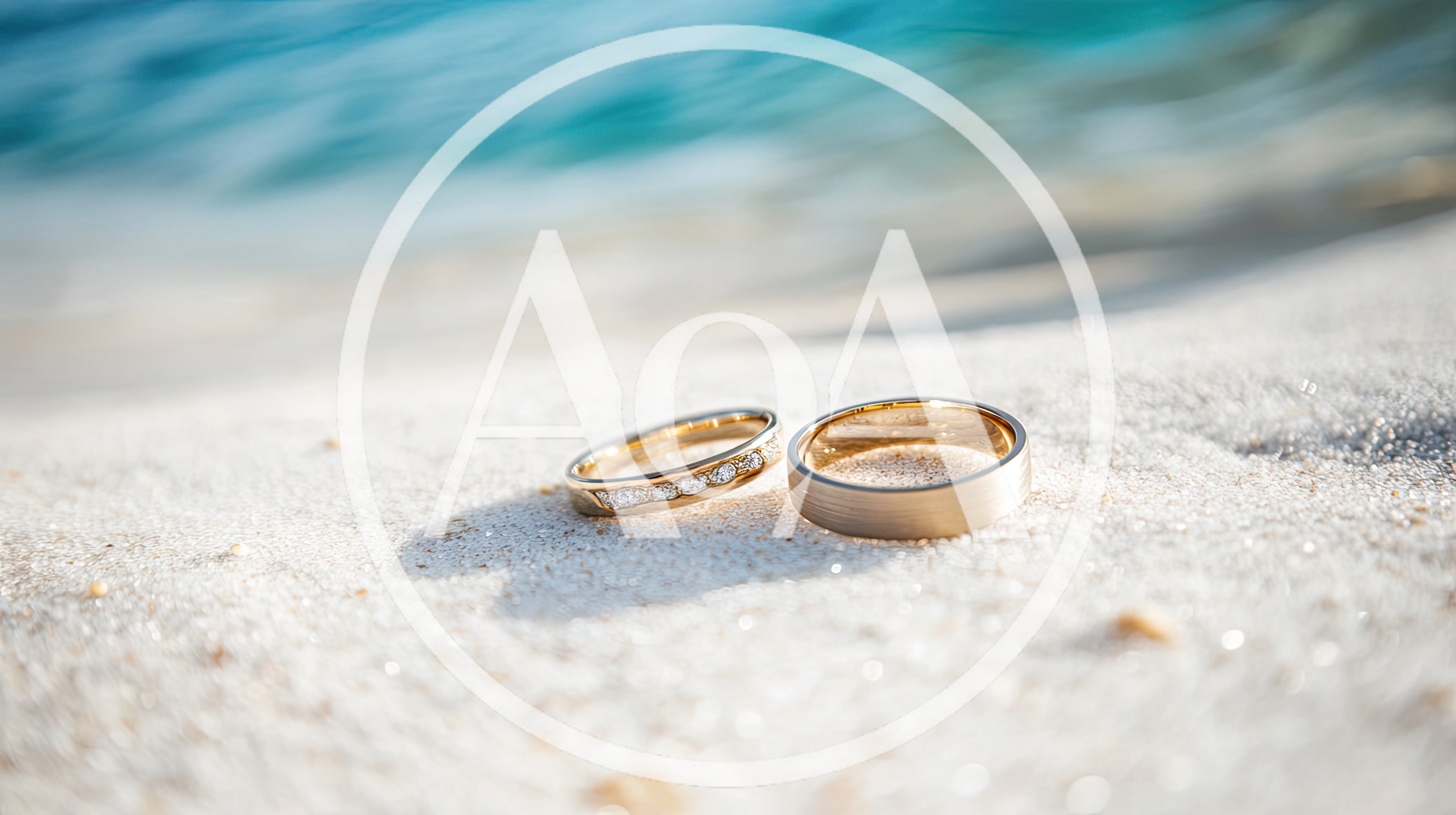 Two Gold Wedding Rings Resting On Sandy Beach