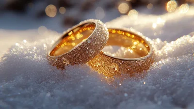 Two Gold Wedding Rings Resting In Fresh Snow