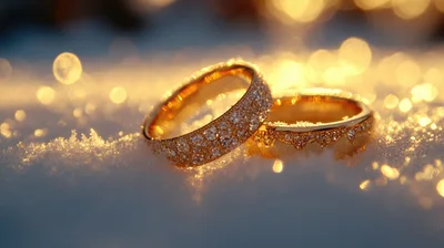 Two Golden Wedding Rings Resting On Fresh Snow