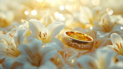 Gold Wedding Ring Resting Among White Lily Flowers
