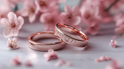 Two Rose Gold Wedding Rings With Cherry Blossoms