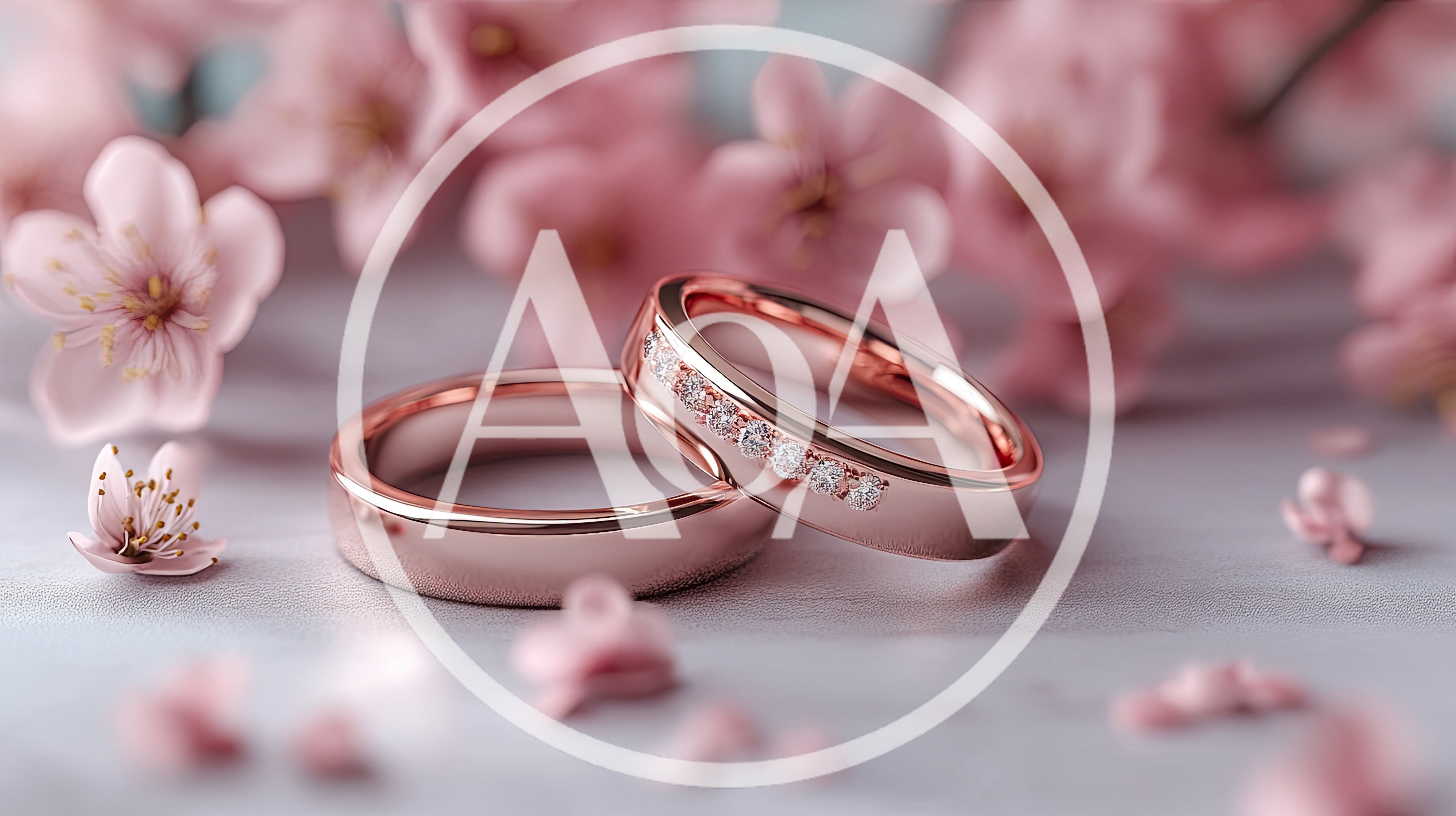 Two Rose Gold Wedding Rings With Cherry Blossoms
