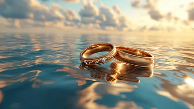 Two Gold Wedding Rings Floating on Calm Water