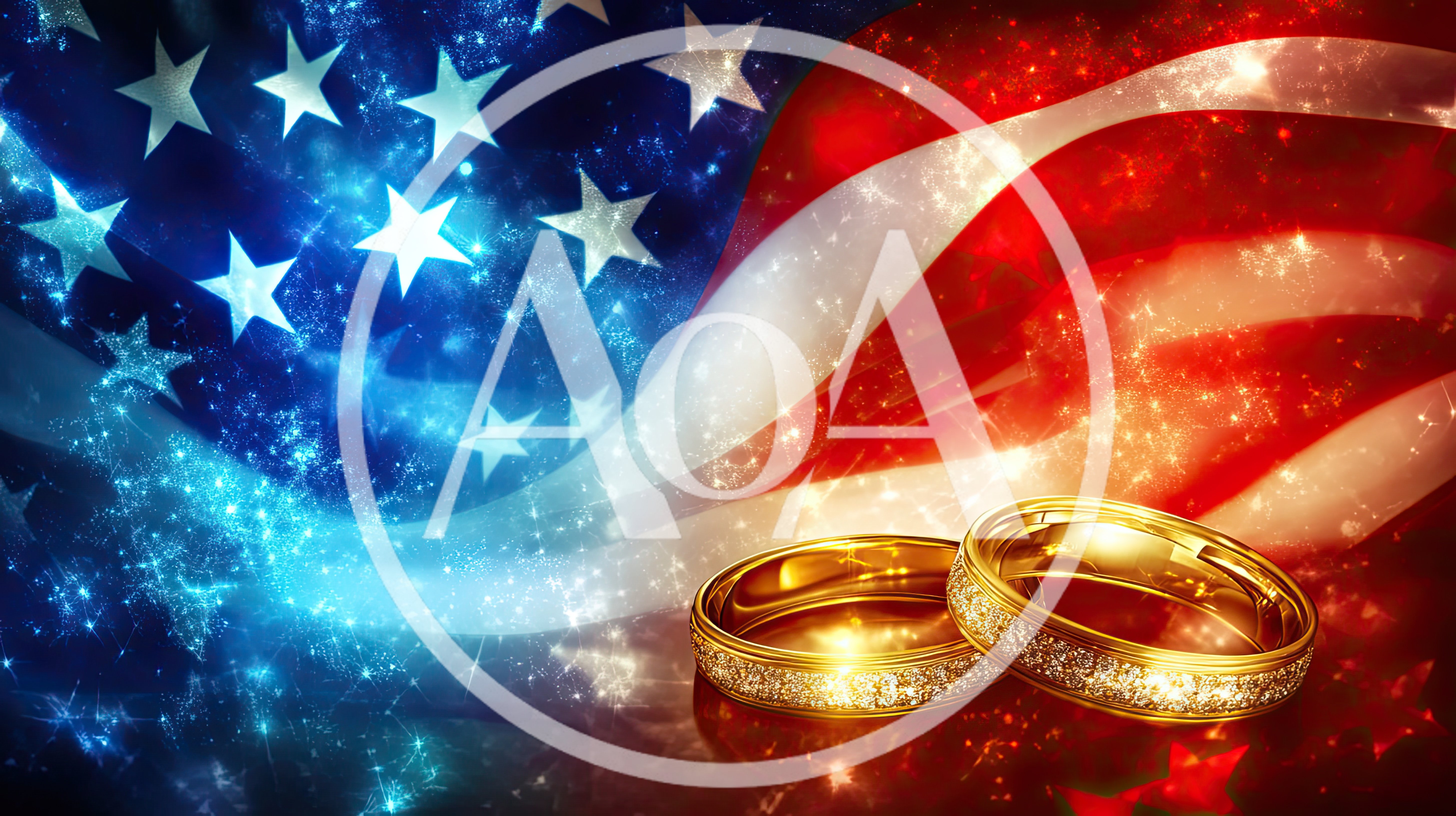 Two Golden Wedding Rings Against American Flag Background