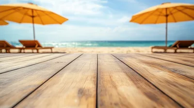 Wooden Table Surface Overlooking Tropical Beach Resort