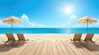 Empty Wooden Deck With Beach Chairs And Umbrellas